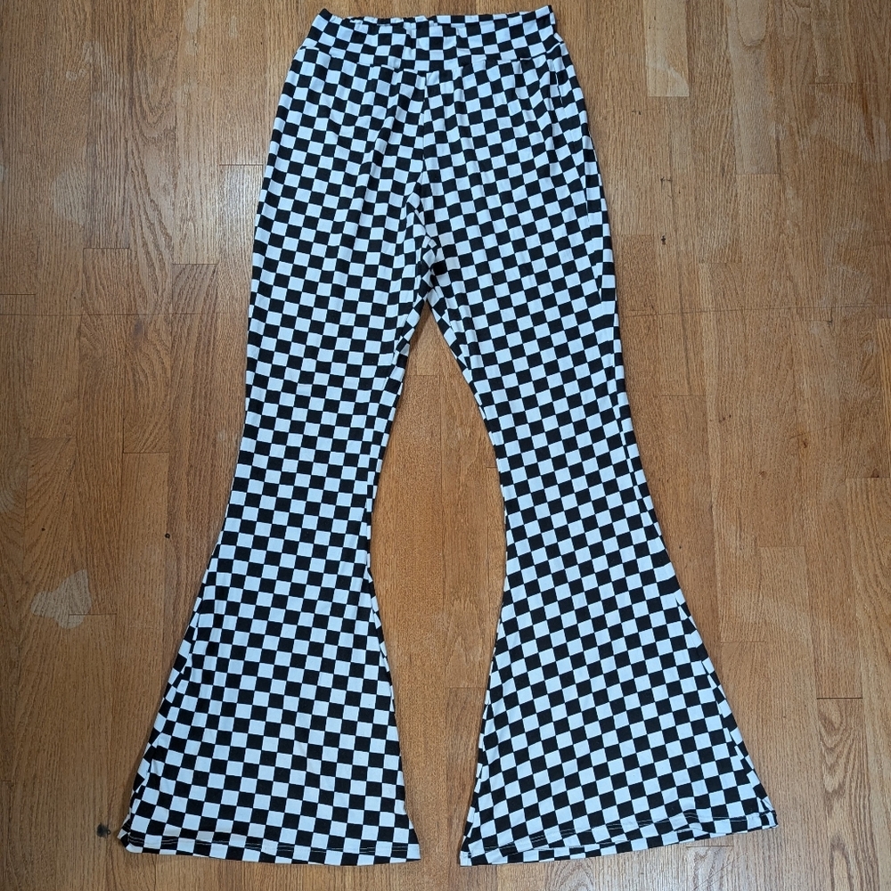 Rebdolls Checkered Bell Bottom Pants L — Retro Disco Dream Flares 🖤🤍✨